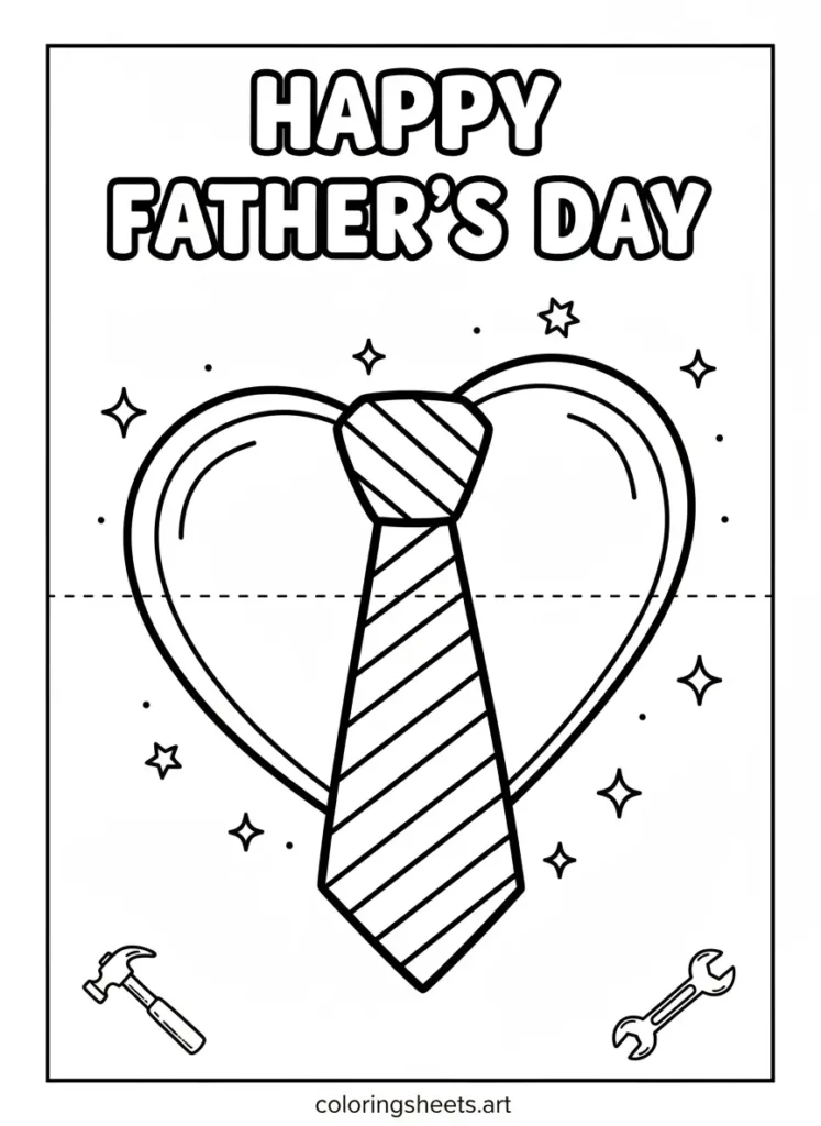 Father's Day coloring card with tie and heart saying Happy Father's Day free printable for kids