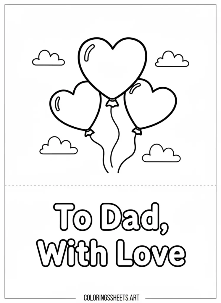 Father's Day coloring card to dad with love heart balloon free printable for kids