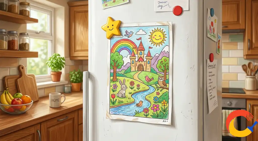 A finished printed coloring page displayed on a refrigerator with a magnet