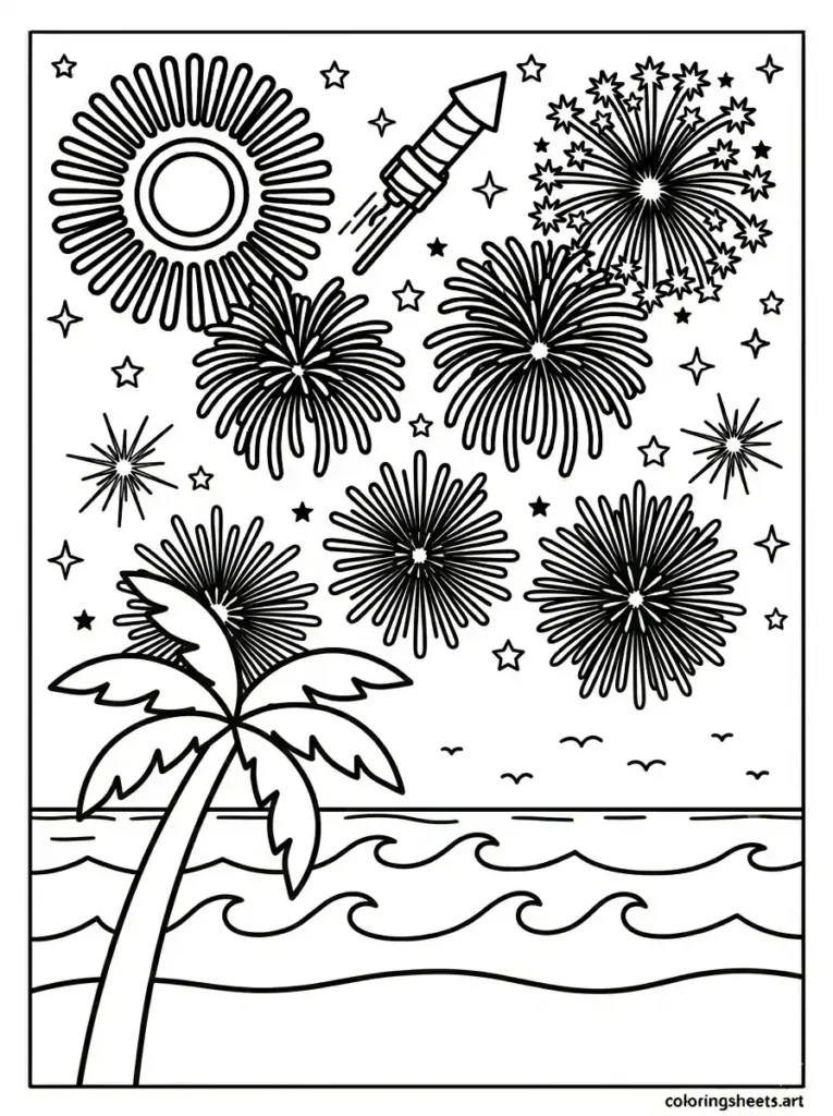 Beach fireworks palm tree coloring page simple printable pdf