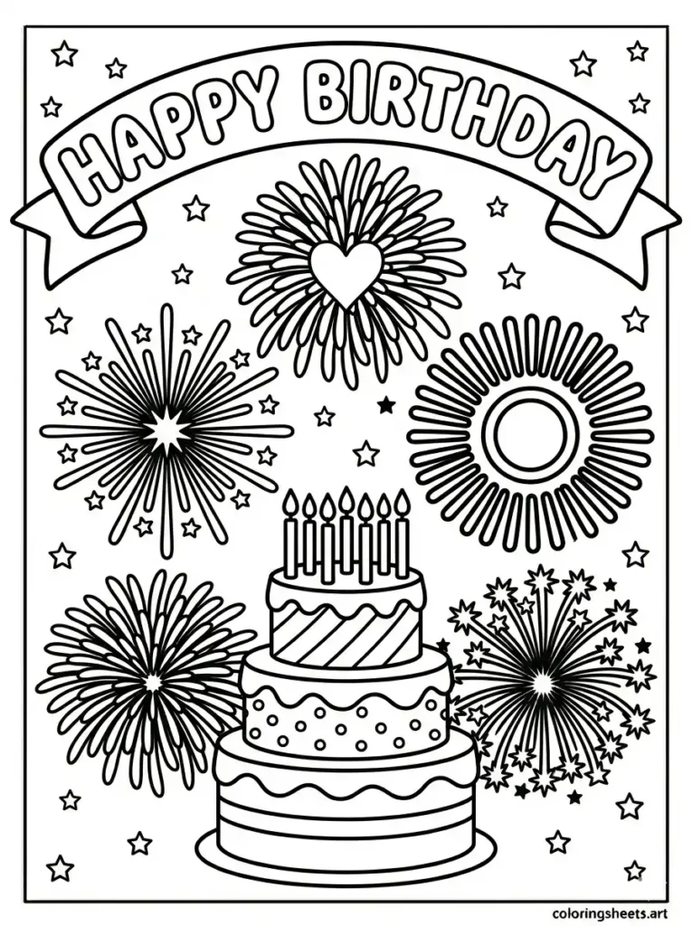 Birthday cake with fireworks coloring page free printable pdf for kids