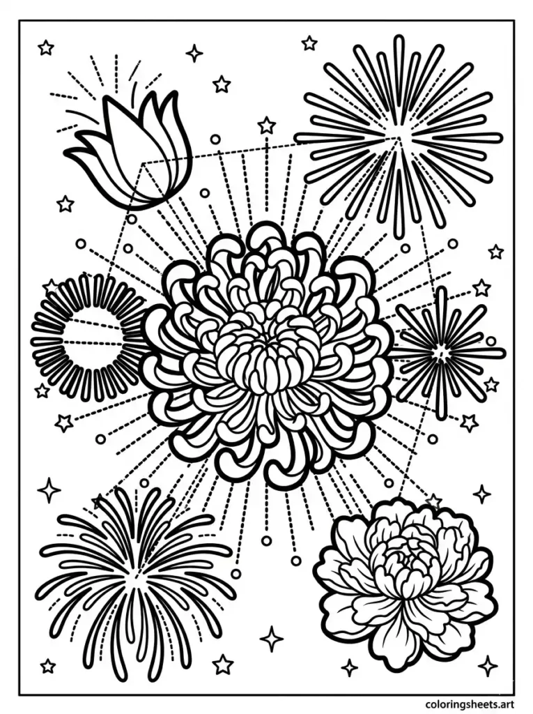 Fireworks constellation with connecting star trails coloring pages free printable pdf