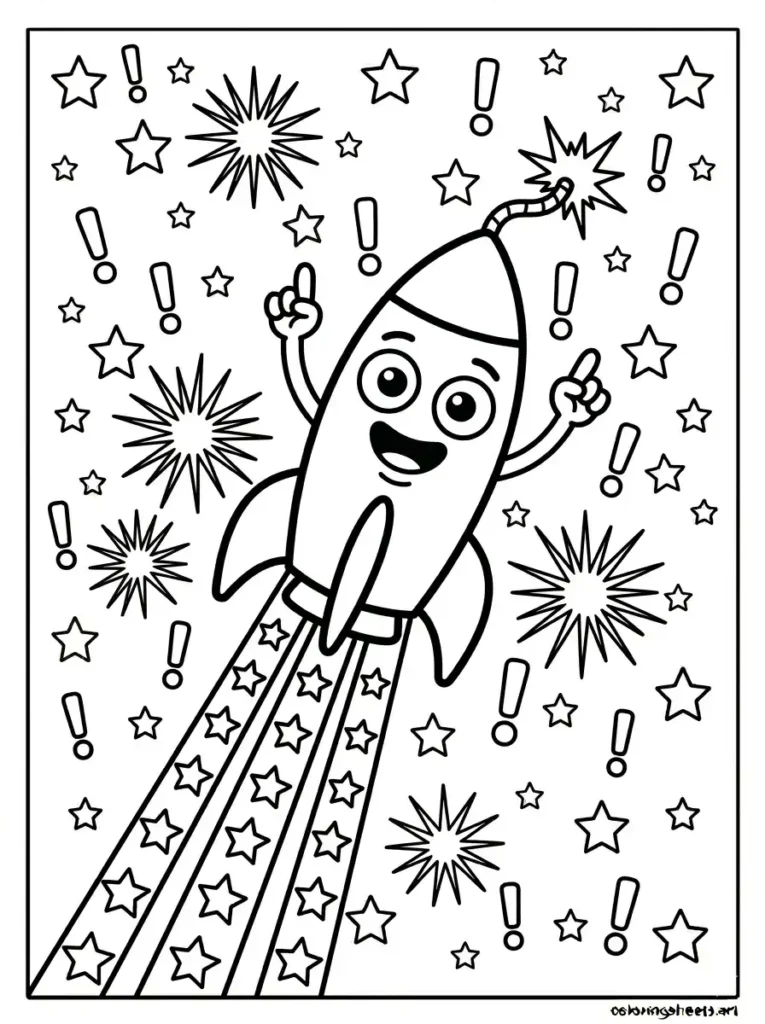 Excited cartoon rocket firework coloring pages for kids free