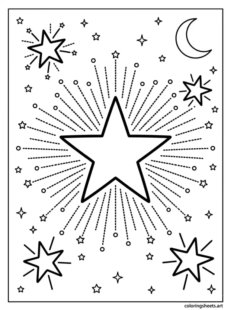 Giant star shaped firework explosion coloring page for kids free printable