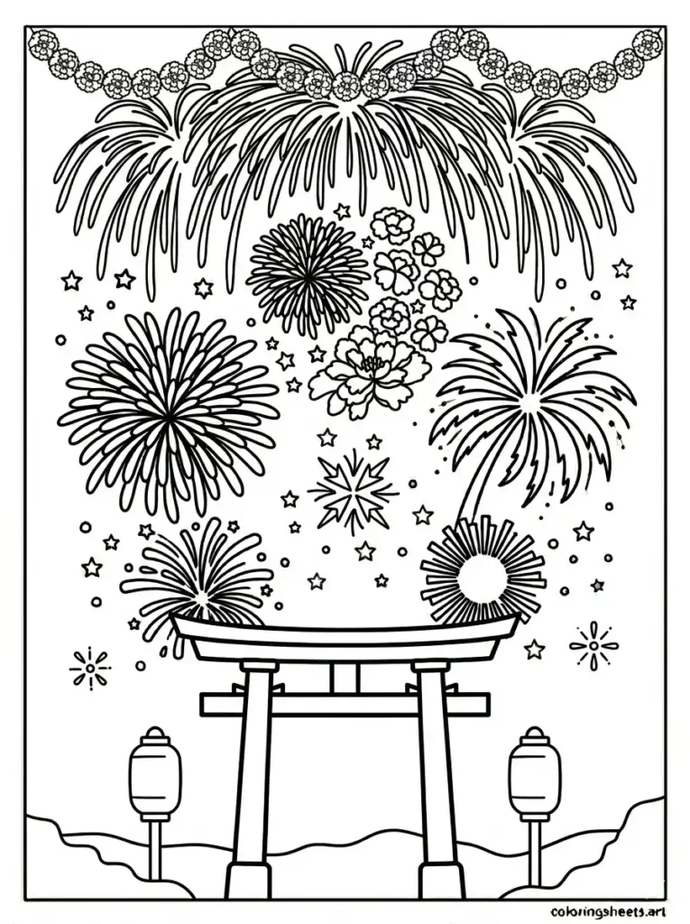 Japanese summer festival fireworks torii gate coloring page kids