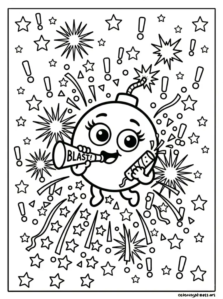 Kawaii firework holding party horn coloring page printable pdf