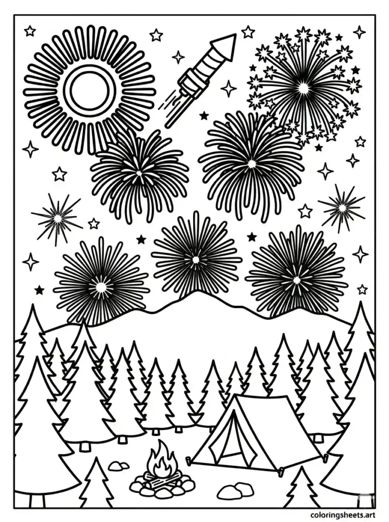 Fireworks over mountain campground coloring page free printable kids