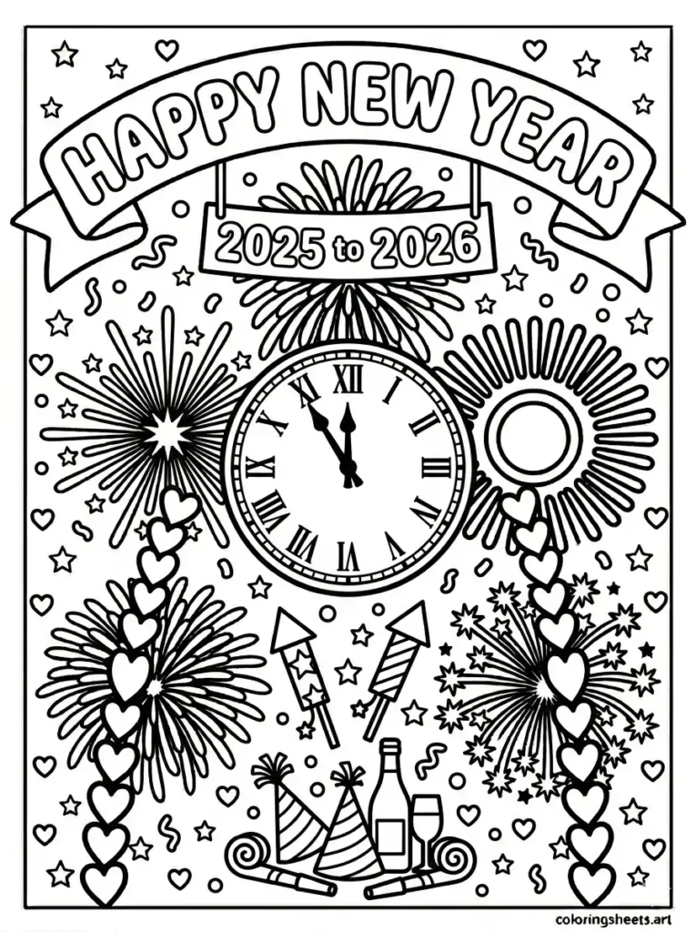 New year countdown clock fireworks coloring page free printable pdf