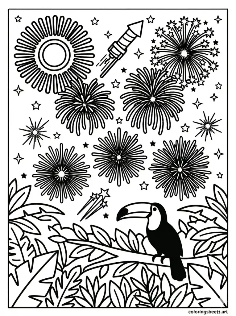 Rainforest night fireworks toucan coloring page for kids free