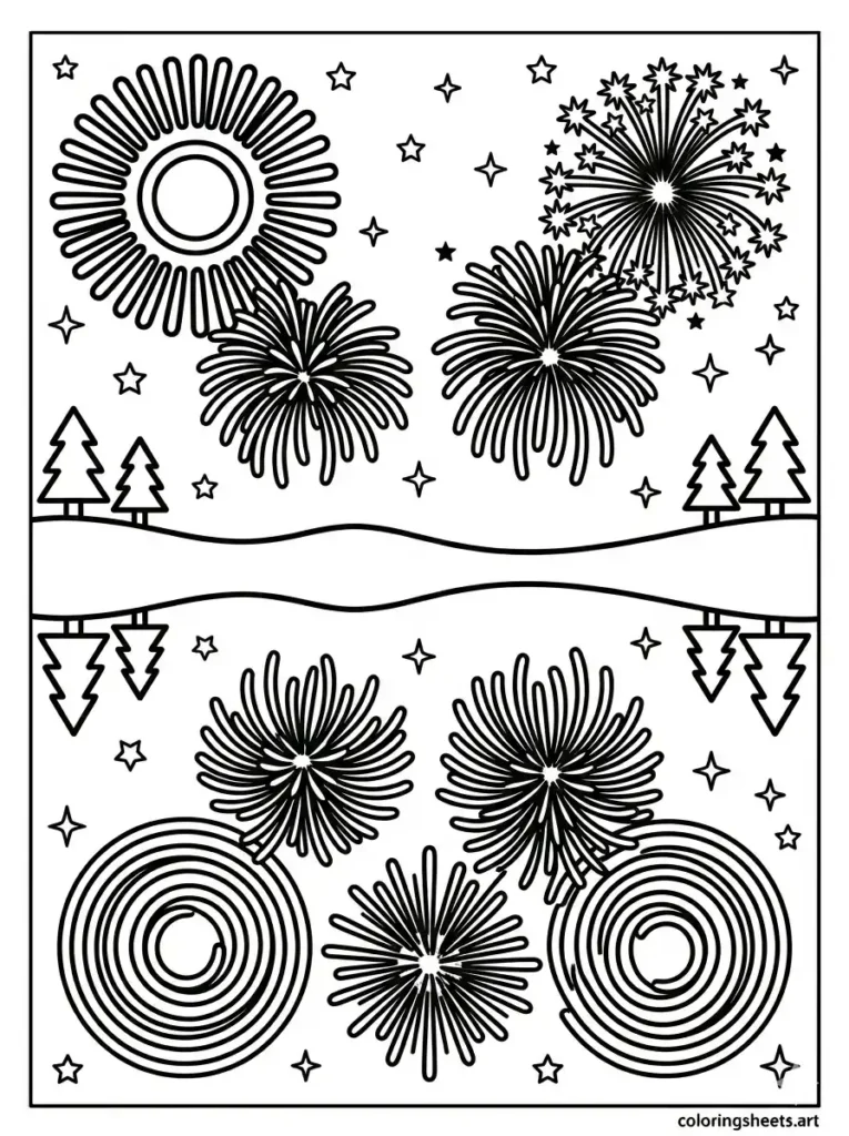 Fireworks reflecting on calm lake coloring page free printable pdf for adults