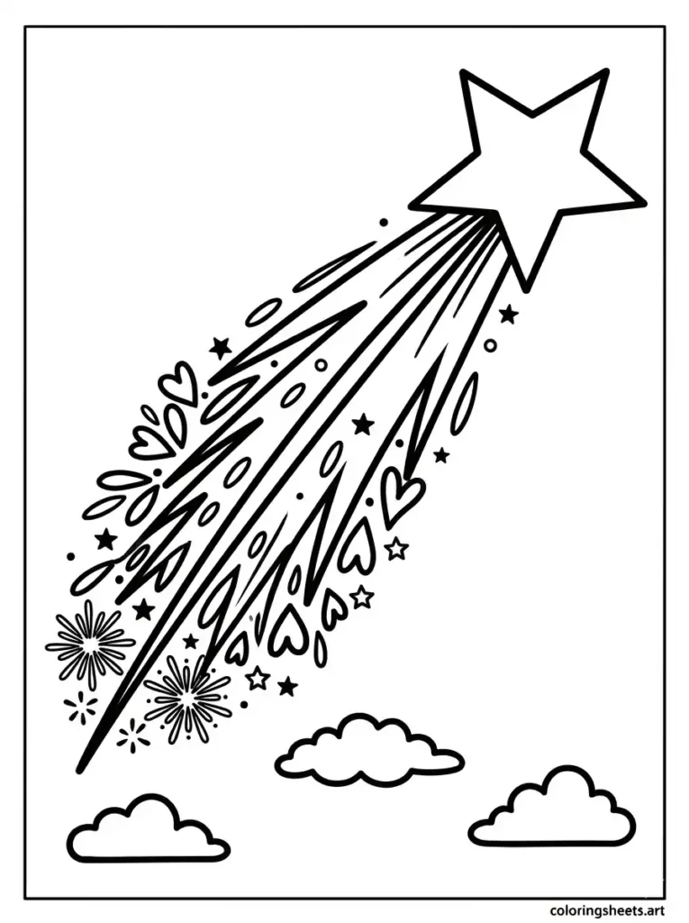 Shooting star firework cascade coloring sheet free printable for kids