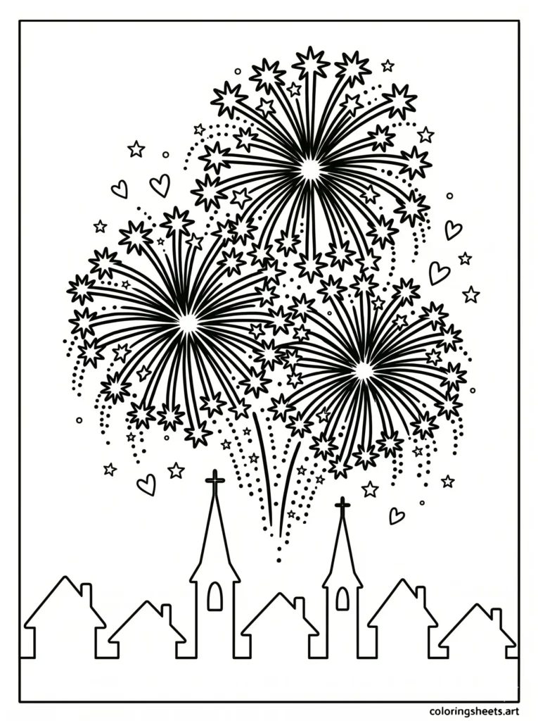 Fireworks over sleeping town silhouette coloring pages for adults simple
