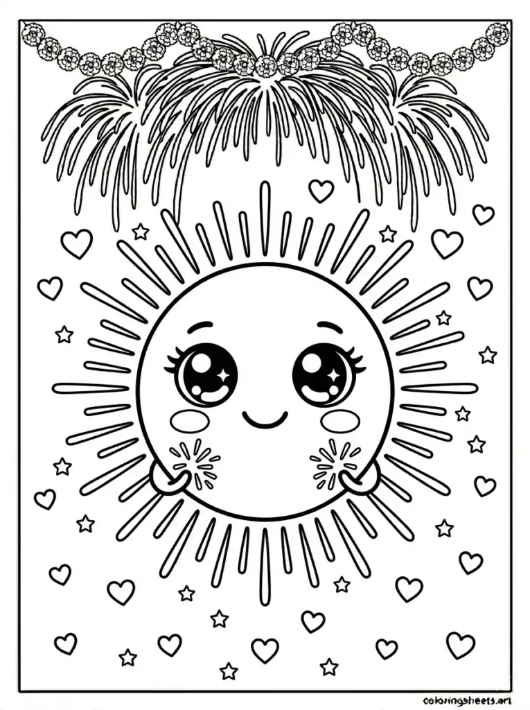 Smiling kawaii firework burst sparkle eyes coloring page for toddlers