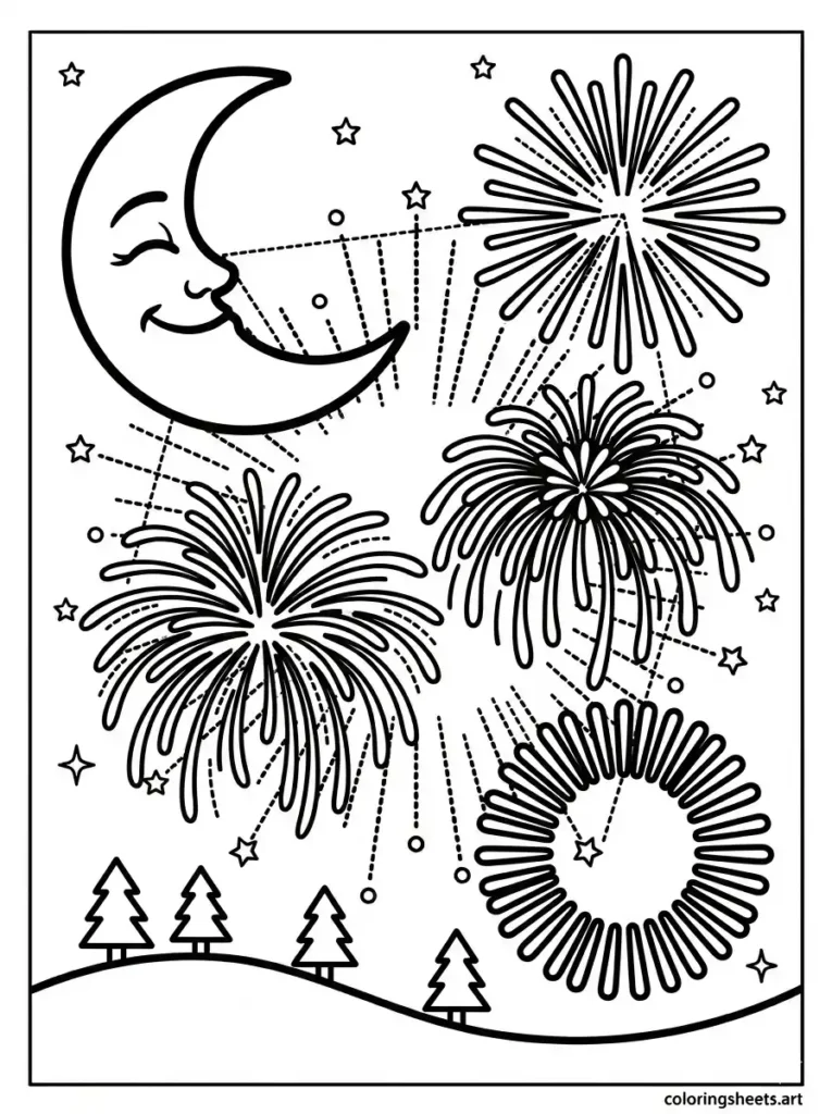 Smiling moon watching fireworks over quiet hill coloring pages for toddlers