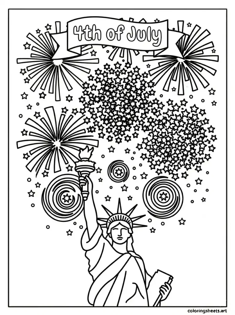 Statue of liberty with fireworks coloring sheet 4th of july free printable