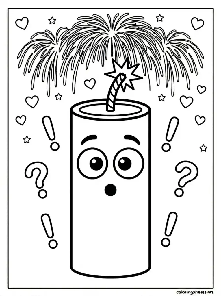Surprised firecracker cartoon coloring page free printable pdf kids