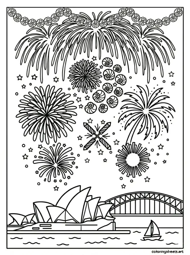 Sydney opera house fireworks new year eve coloring page free printable pdf