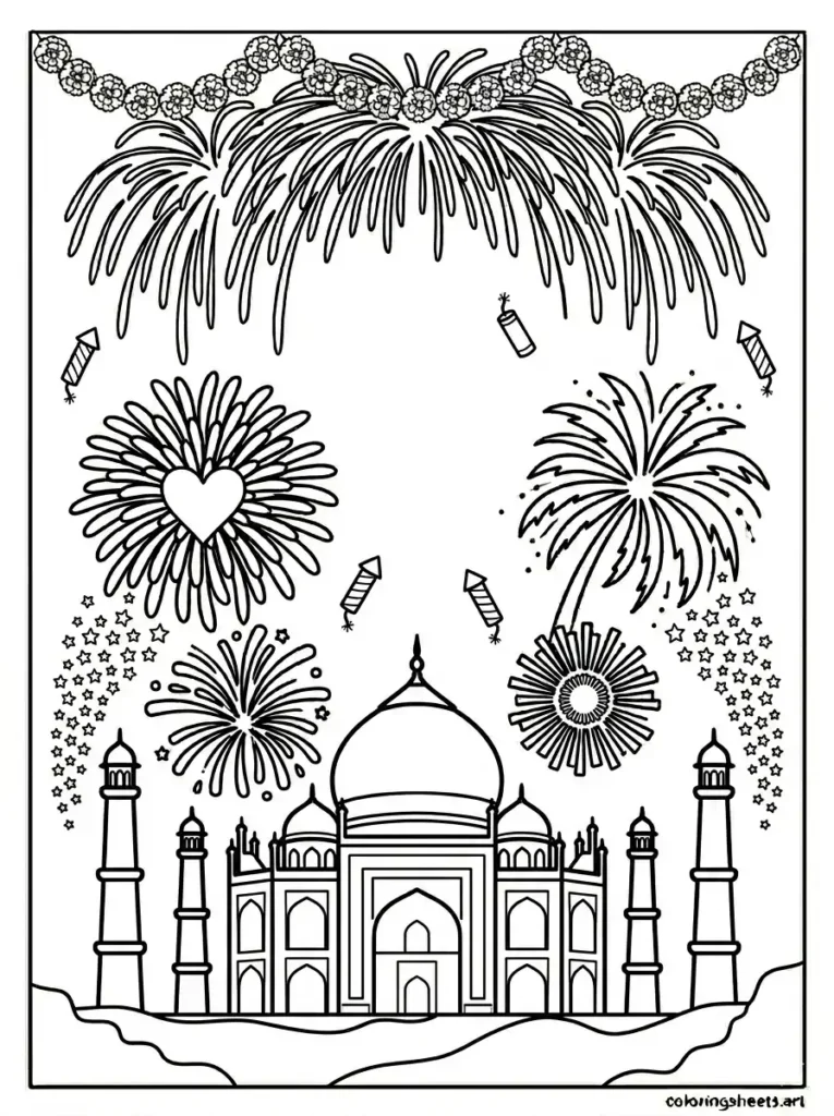 Taj Mahal with fireworks coloring page free printable pdf for adults
