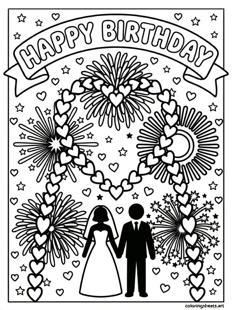 Wedding fireworks heart arch bride groom coloring page free printable