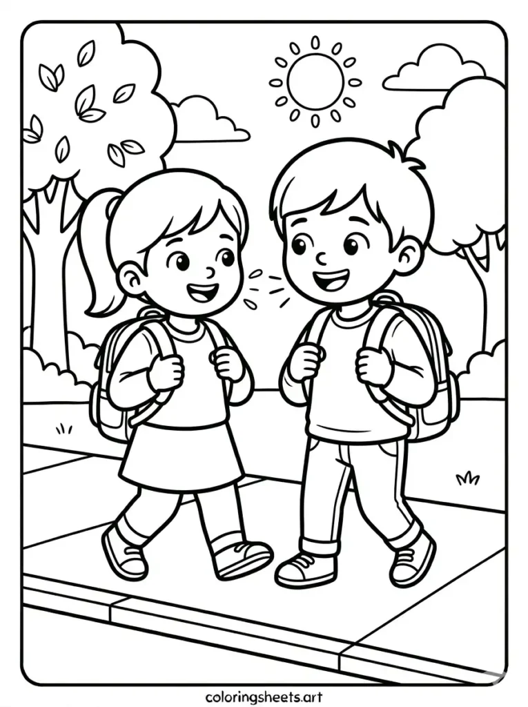 First day of school coloring pages free printable walking with friend sheet