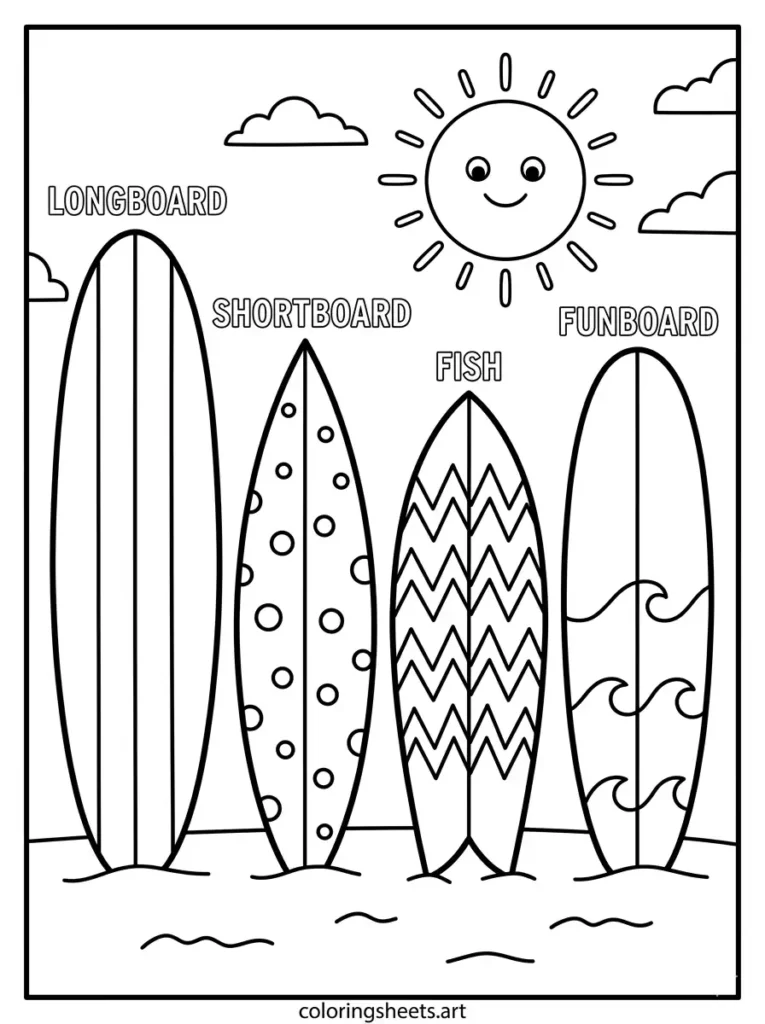 Four cool surfboard types longboard shortboard fish funboard coloring page for kids