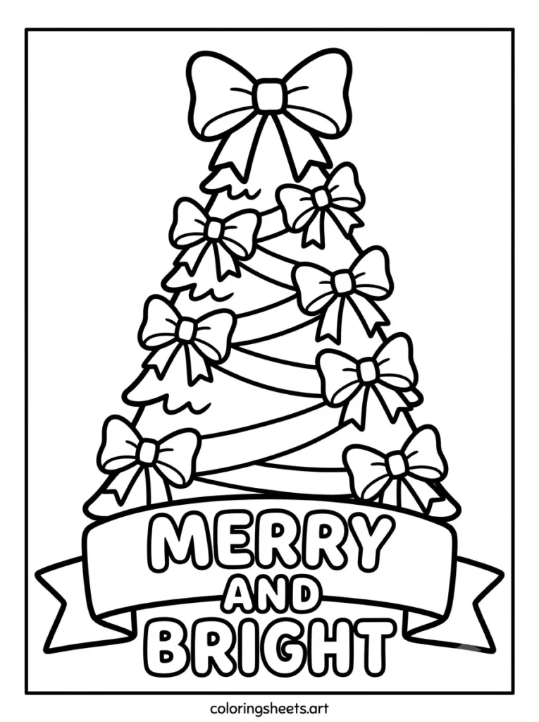 Free christmas tree coloring page for kids featuring a spiral bow tree with a MERRY AND BRIGHT bubble word banner