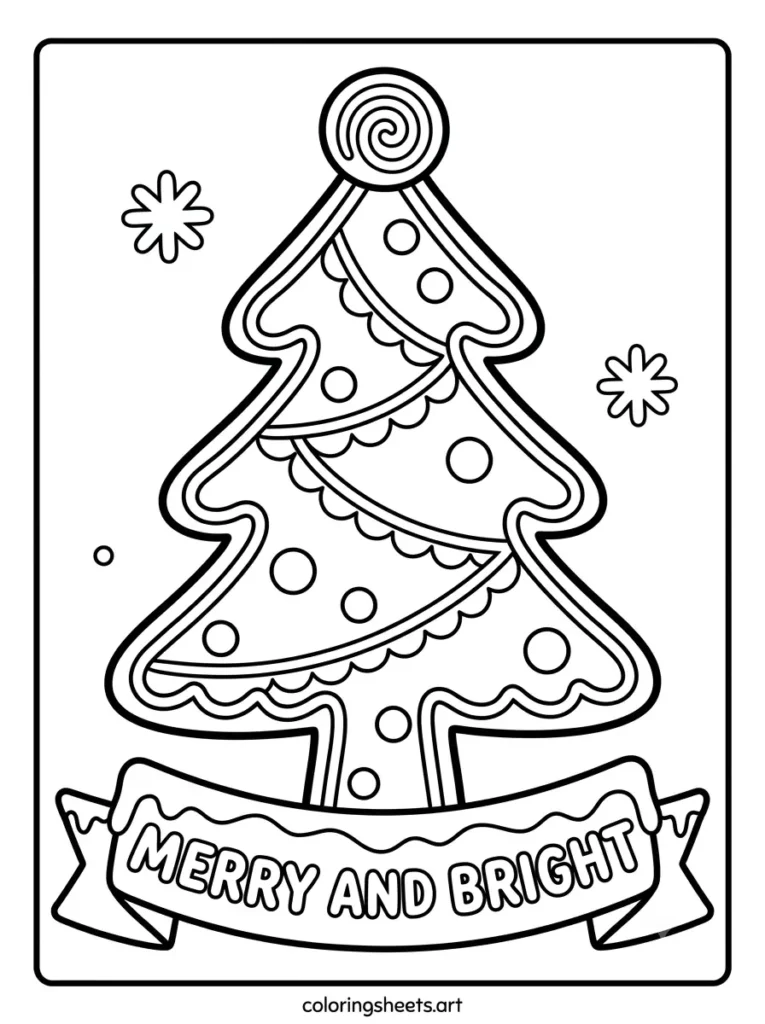 Free christmas tree coloring page for kids featuring a gingerbread icing tree with a MERRY AND BRIGHT bubble word banner