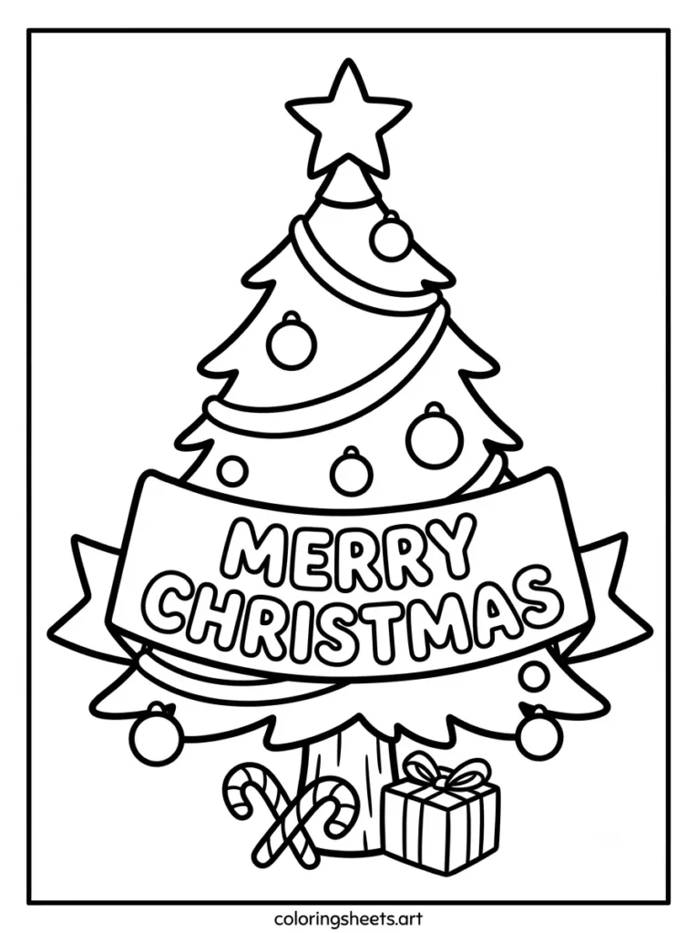 Free printable christmas tree coloring page for kids featuring a decorated tree with a MERRY CHRISTMAS bubble word banner