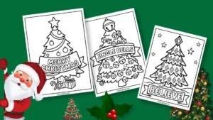 printable Christmas tree coloring pages featuring Merry Christmas, Jingle Bells, and Believe banners with Santa Claus