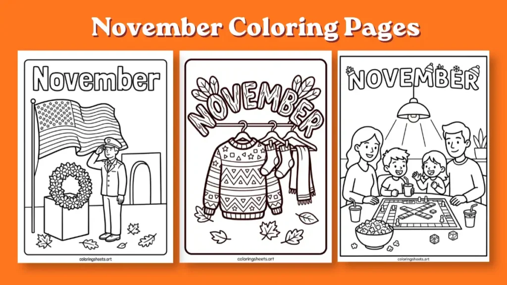 Free printable November coloring pages preview featuring a Veterans Day salute, cozy sweater patterns, and a family game night scene