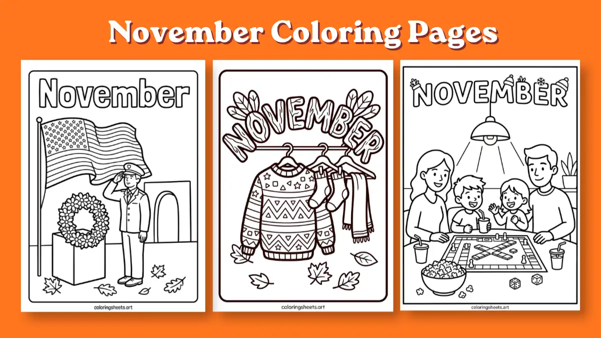 Free printable November coloring pages preview featuring a Veterans Day salute, cozy sweater patterns, and a family game night scene