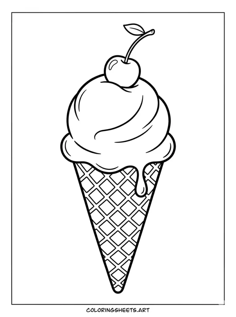 Simple ice cream cone with cherry free printable coloring page