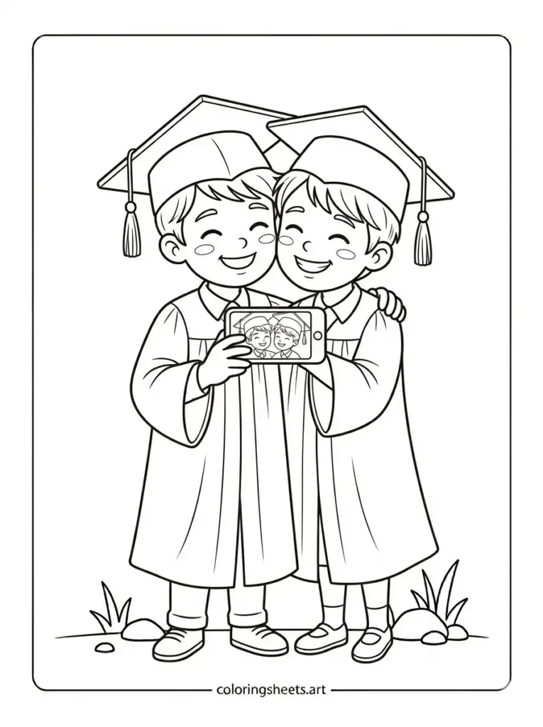 Fun graduation coloring pages free printable pdf friends taking selfie