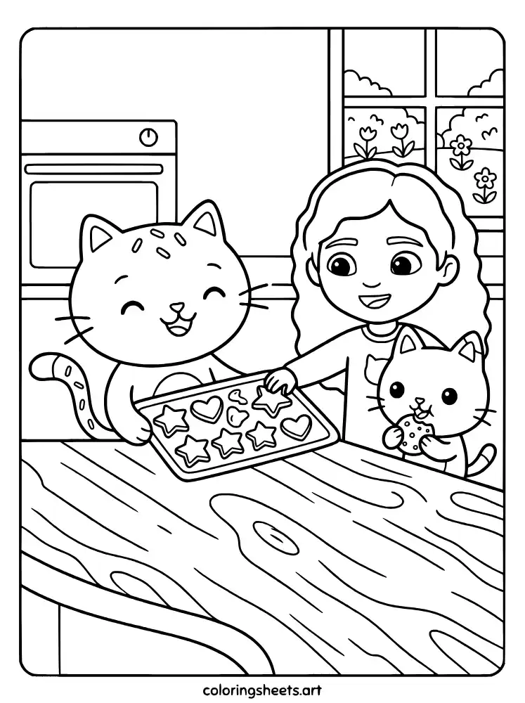 Baking cookies with Cakey Cat coloring page for toddlers