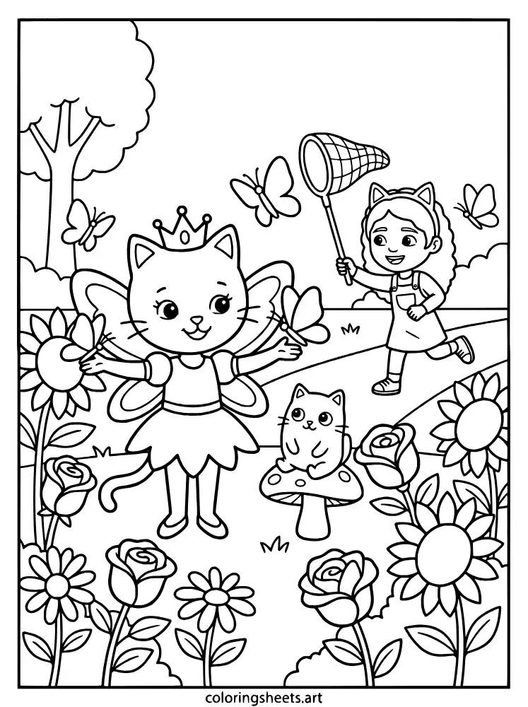 Butterfly garden with Kitty Fairy coloring page for toddlers