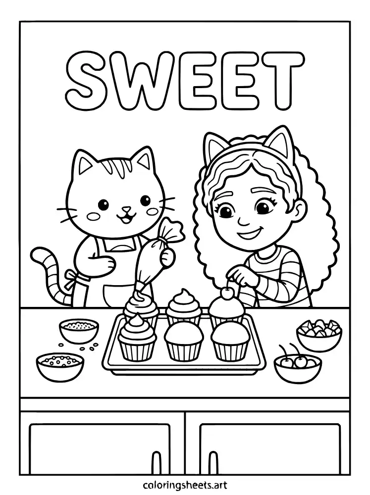 Cakey Cat decorating cupcakes coloring page for kids free