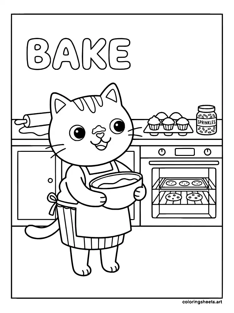 Cakey Cat kitchen bakery coloring page for kids free