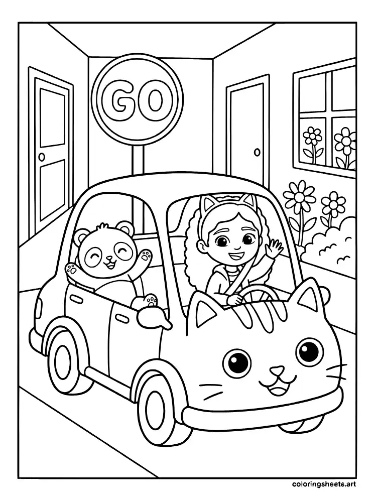 Carlita driving through the dollhouse coloring page for kids