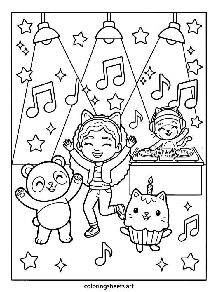 Dance party in the music room coloring page for toddlers