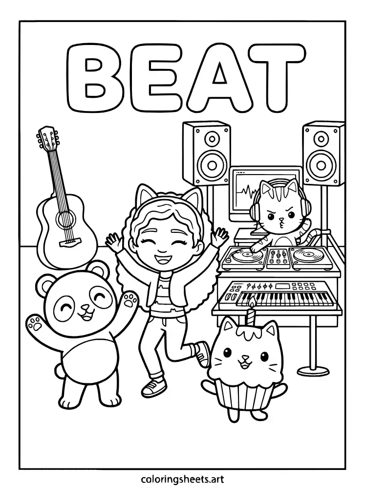 DJ Catnip music production coloring page for kids free