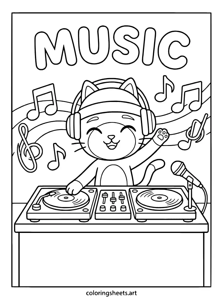 DJ Catnip on the turntables coloring page for kids free