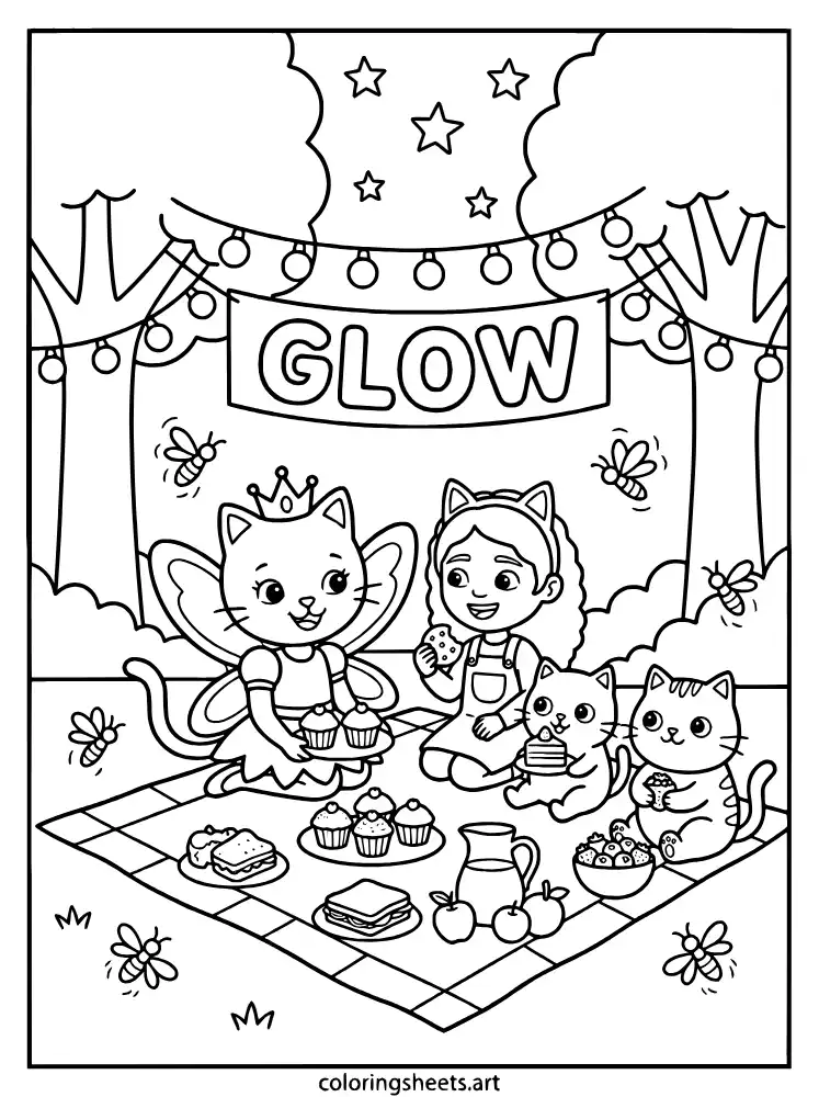 Fairy light garden party coloring page for kids free