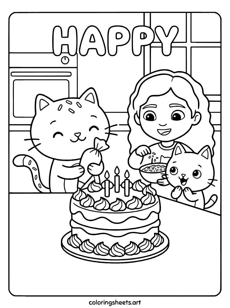 Frosting a birthday cake coloring page for kids free