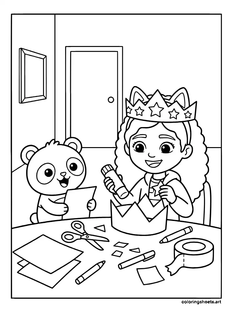 Gabby making a paper crown coloring page for kids free