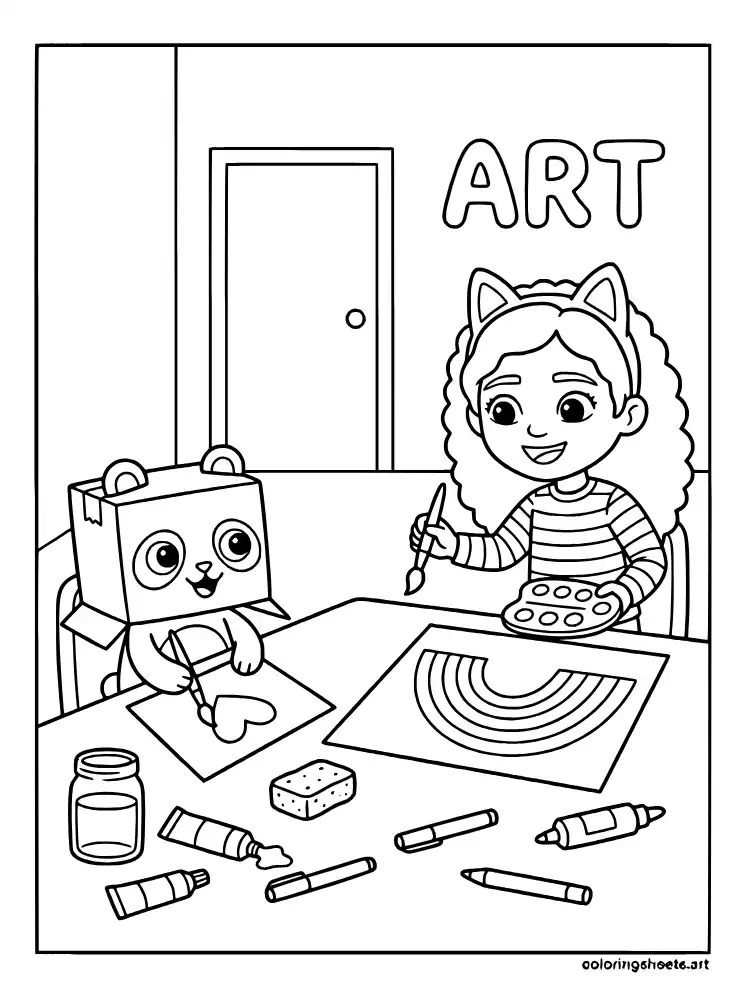 Gabby painting with watercolors coloring page for toddlers