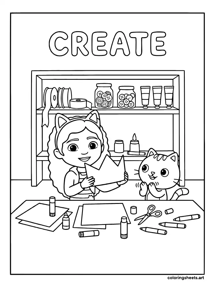 Gabby and Pandy Paws in the craft room coloring page for kids free