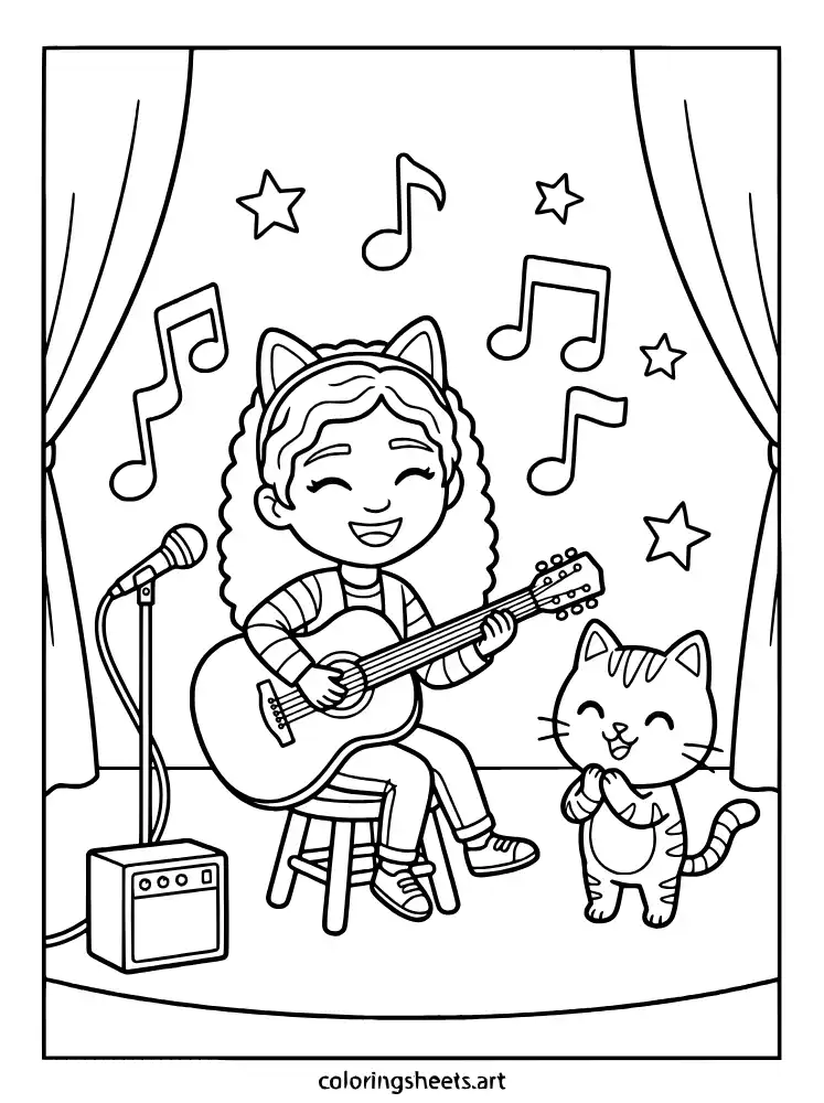 Gabby playing the guitar coloring page for kids