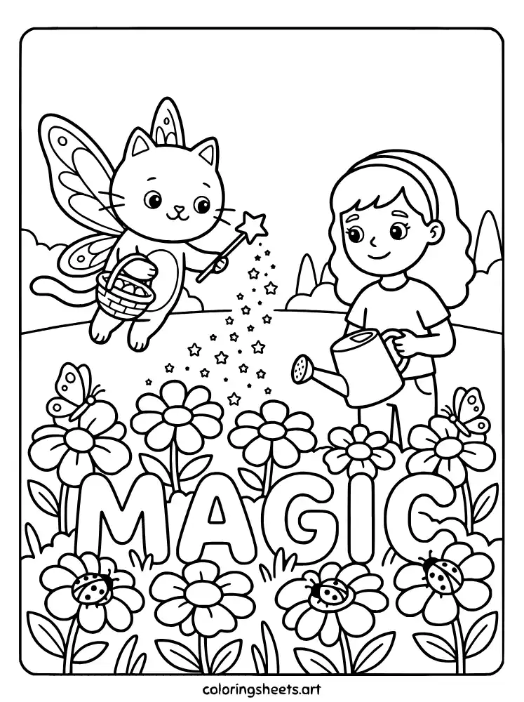 Kitty Fairy sprinkling fairy dust coloring page for kids free