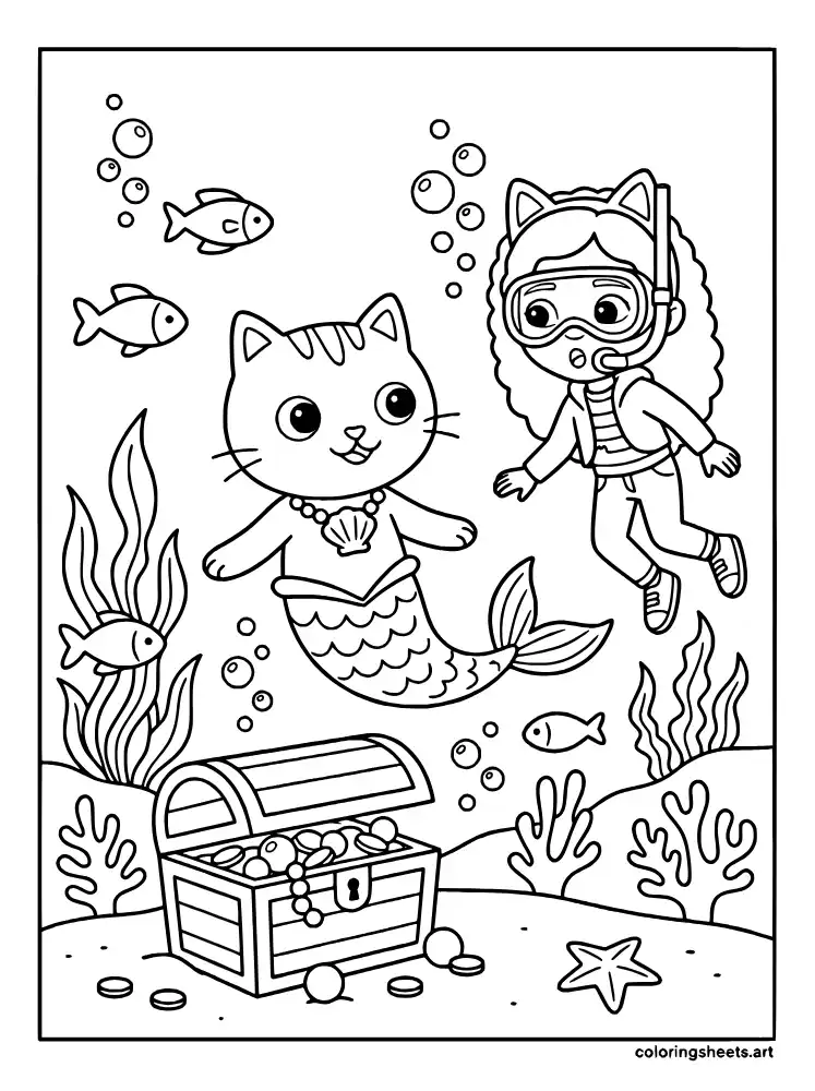 MerCat underwater room coloring page for toddlers