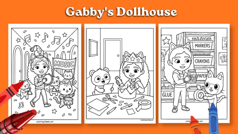 Three printable Gabby's Dollhouse coloring pages showing Gabby and Pandy Paws making crafts and playing music
